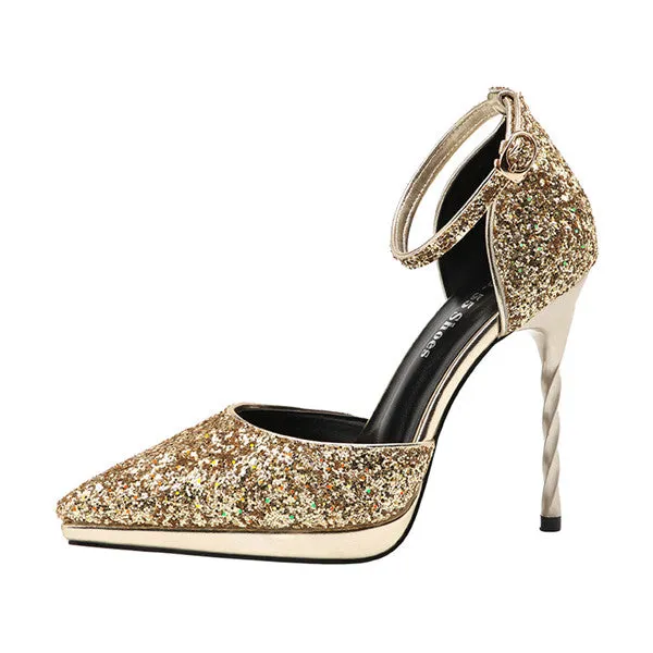 Attractive PU Upper Sequined Closed Toe Stiletto Heels Prom Shoes PS023