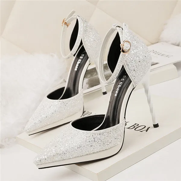 Attractive PU Upper Sequined Closed Toe Stiletto Heels Prom Shoes PS023