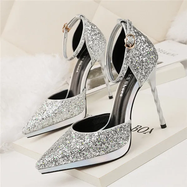 Attractive PU Upper Sequined Closed Toe Stiletto Heels Prom Shoes PS023