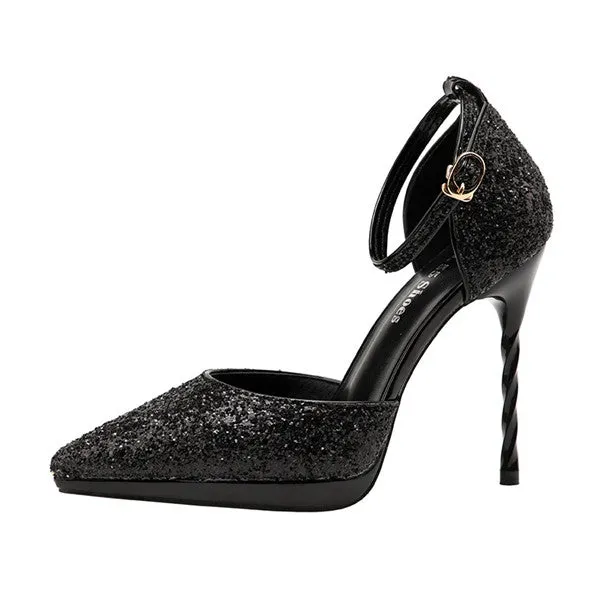 Attractive PU Upper Sequined Closed Toe Stiletto Heels Prom Shoes PS023