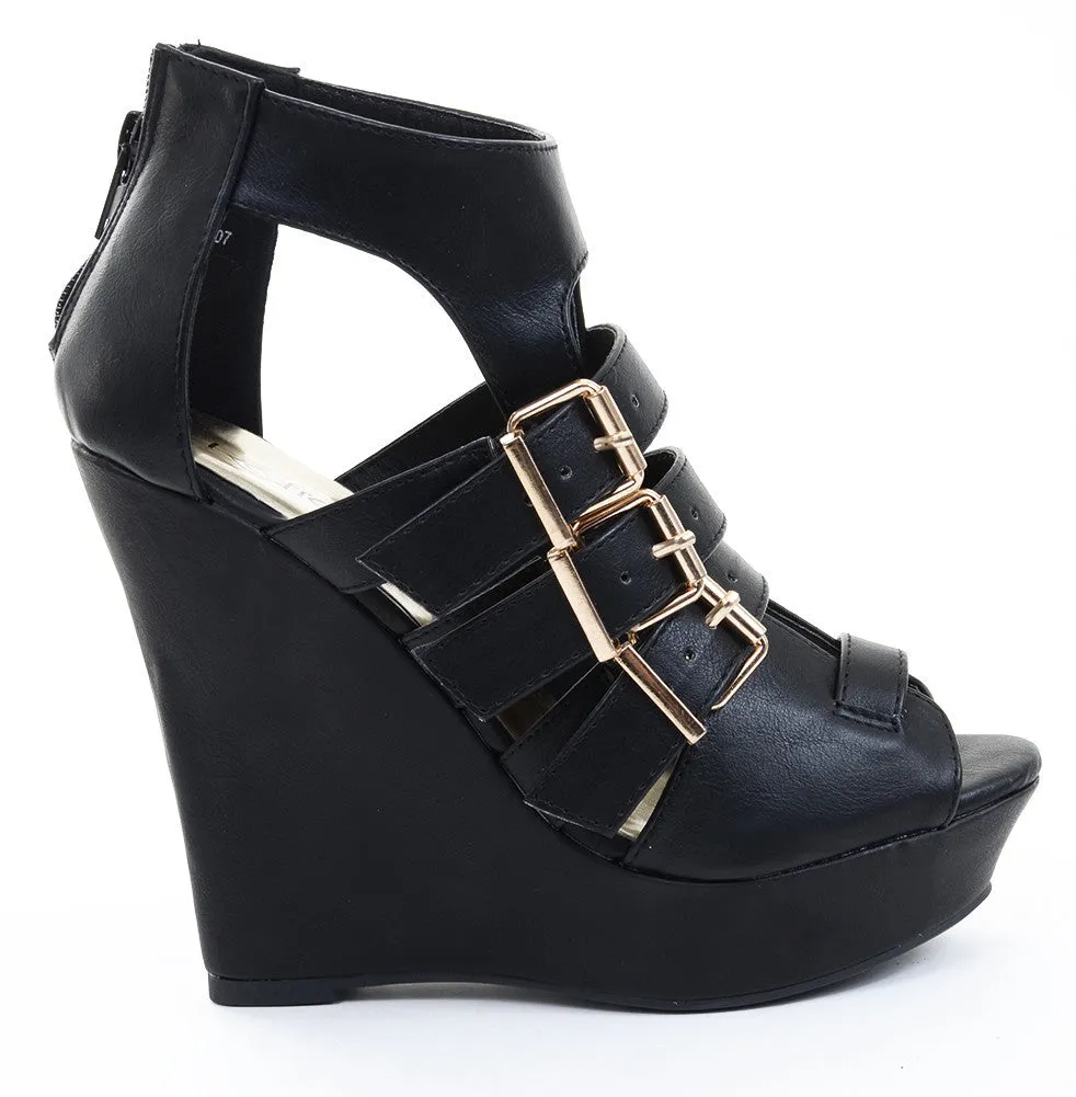 Buckle Strappy Peep Toe Platform Vegan Wedges Black