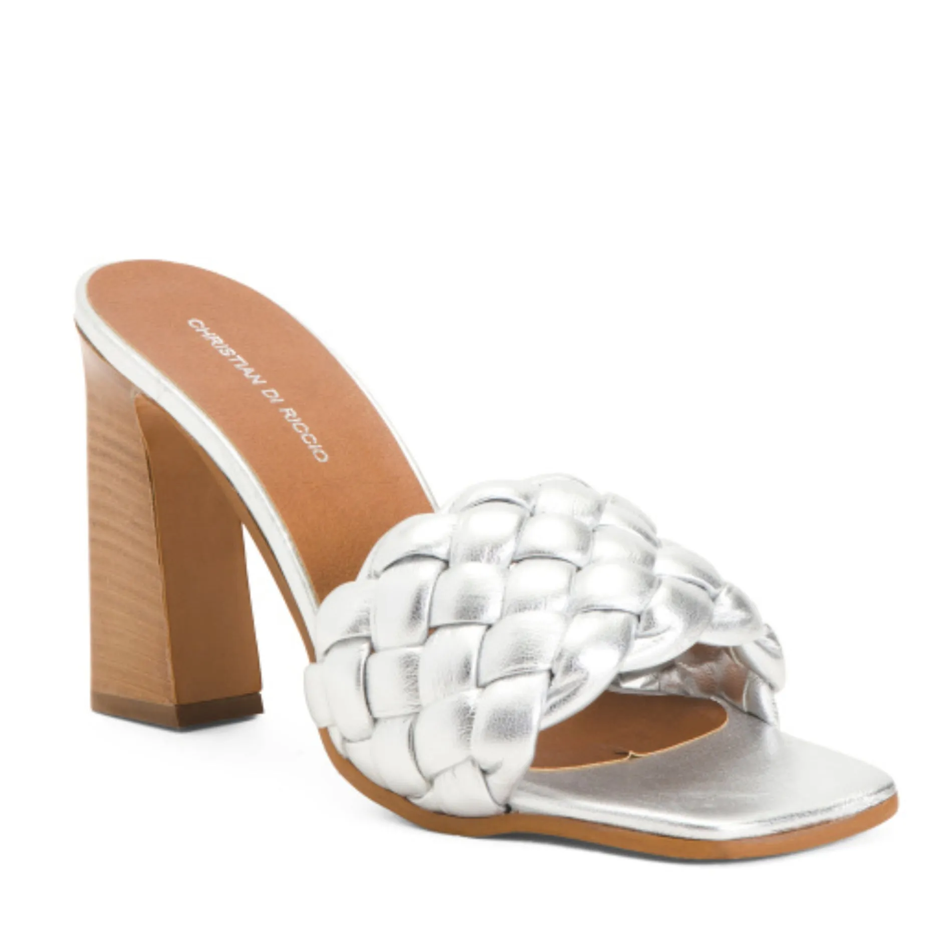 CHRISTIAN DI RICCIO Silver Braided Band Slip-on Sandals Heels