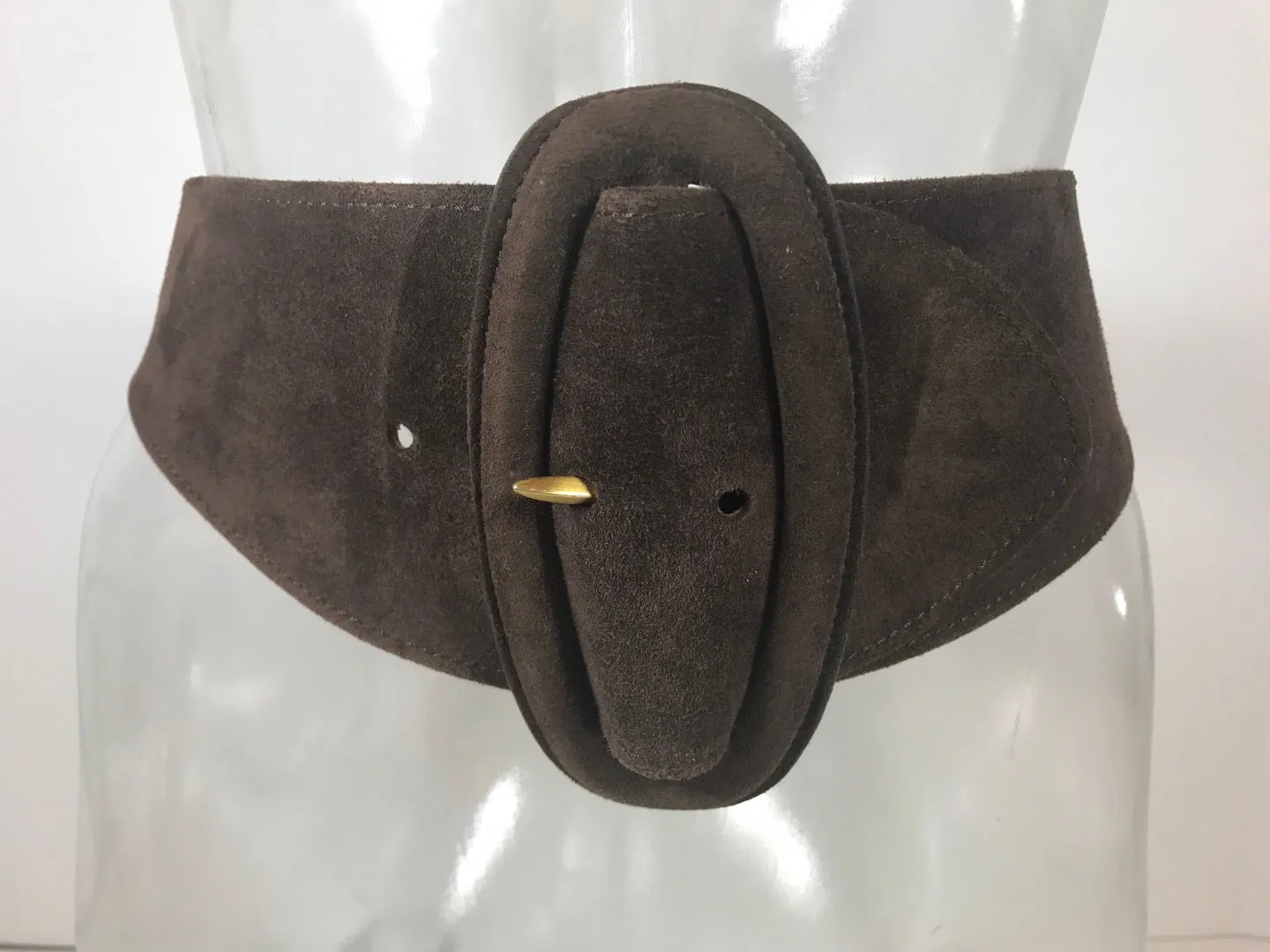 DONNA KARAN 1990s New York Brown Suede Leather Belt with Large Buckle Size Small