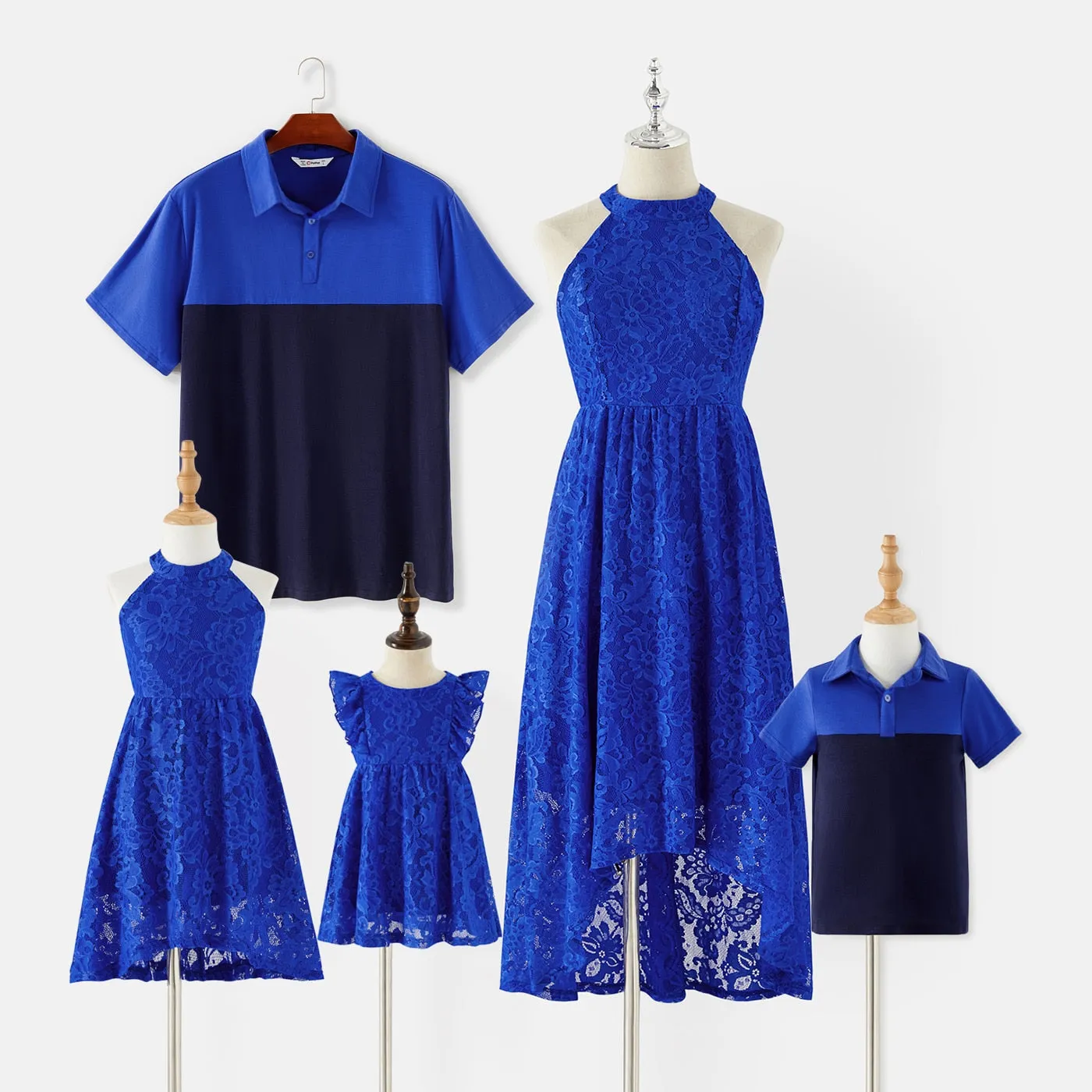 Halter Neckline Guipure Lace Dresses and Cotton T-shirts - Family Matching Outfit