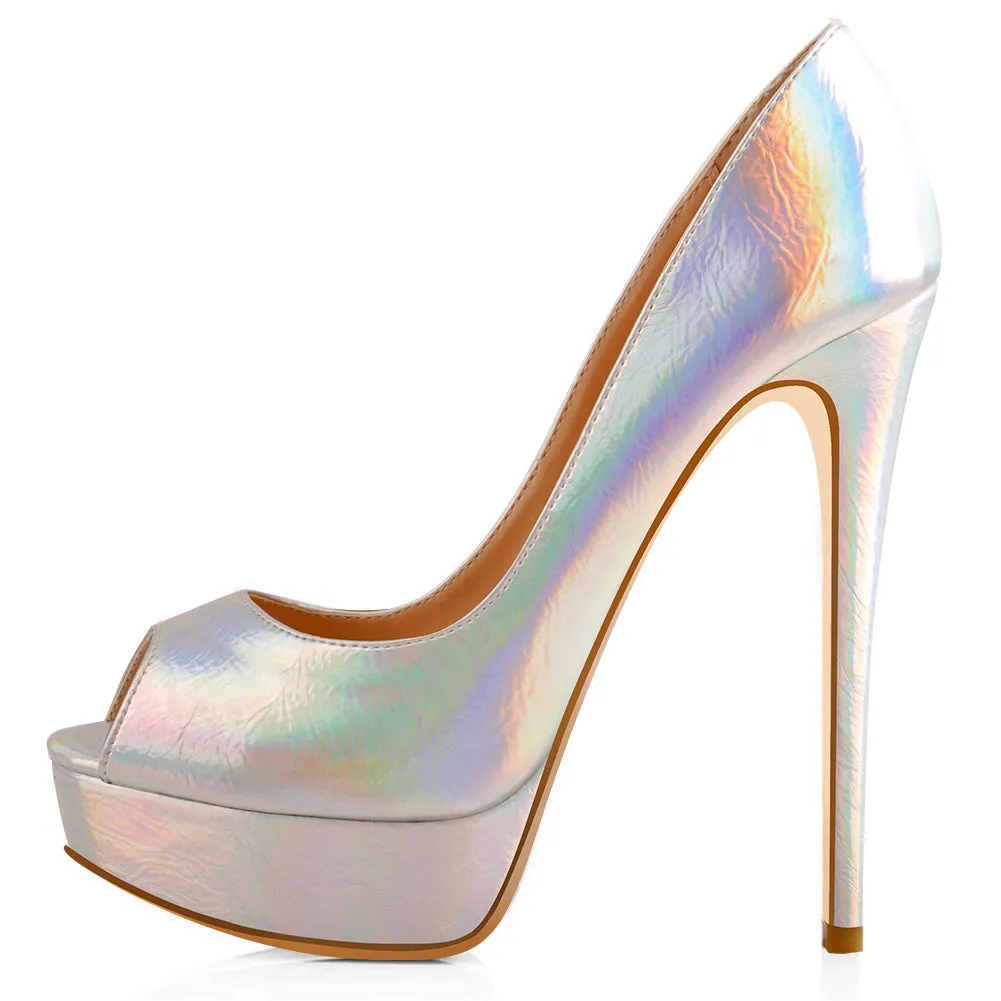 Holographic Peep Toe Stiletto Heel Platform Pumps