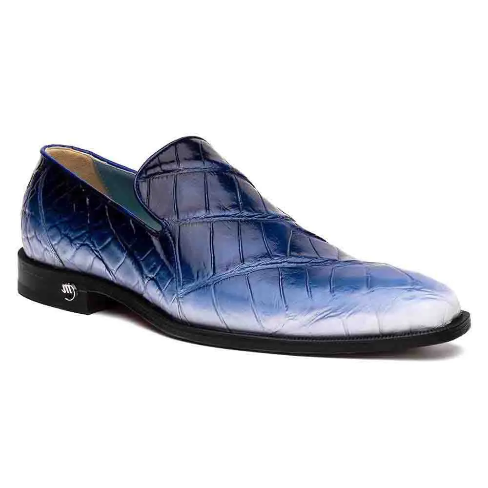 Mauri Men's Montecarlo White/Blue Full Alligator Wholecut Slip-On Dress Shoes