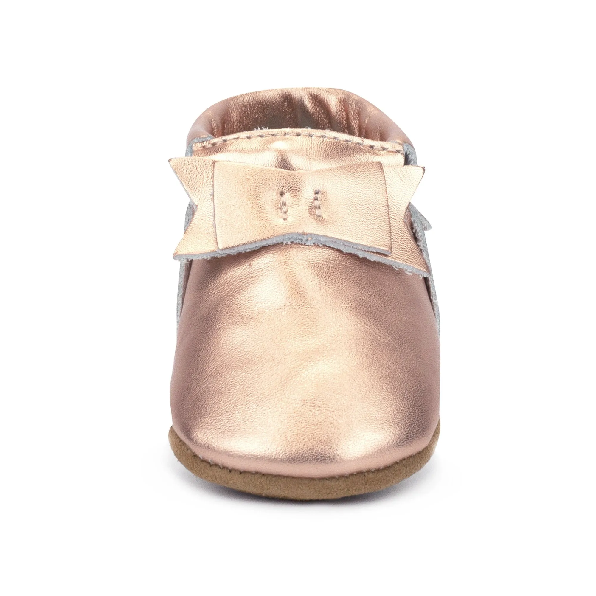 Metallic Rose Gold Leather Bow Moccasins