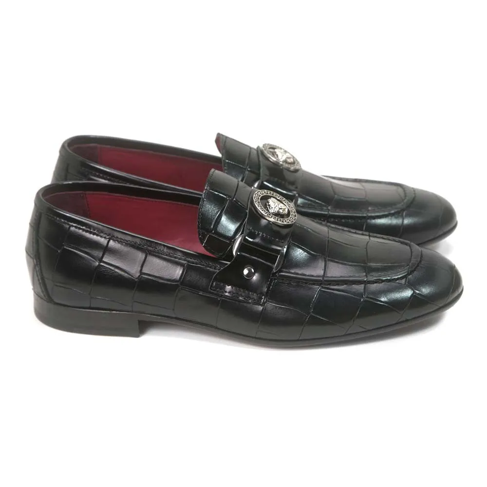 Sigotto Uomo Black Leather Gator Print Loafer with Leather Sole