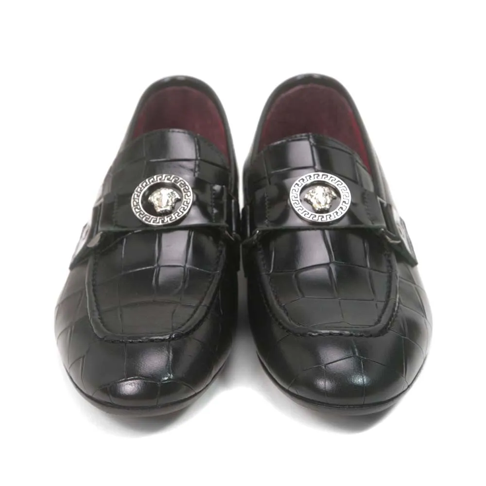 Sigotto Uomo Black Leather Gator Print Loafer with Leather Sole