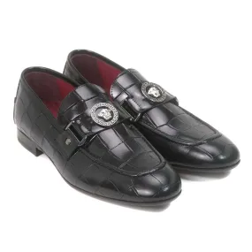 Sigotto Uomo Black Leather Gator Print Loafer with Leather Sole