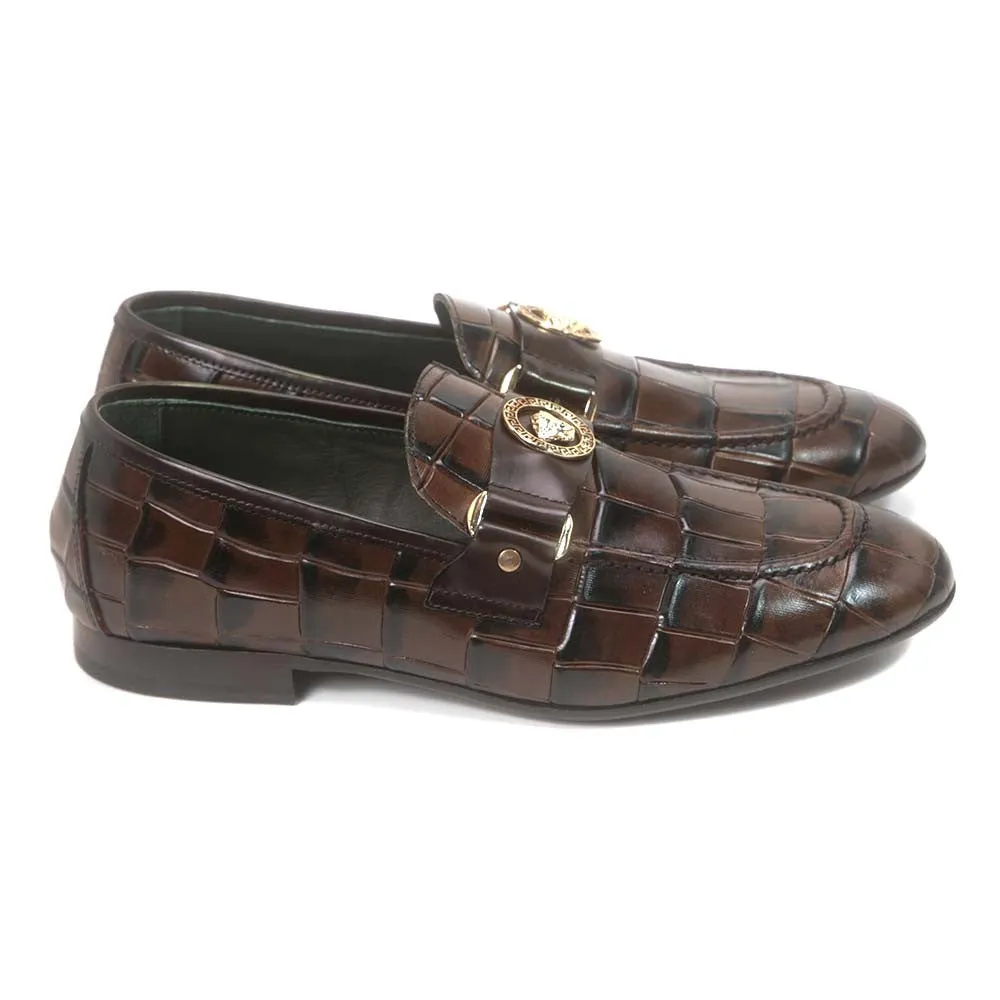 Sigotto Uomo Brown Leather Gator Print Loafer with Leather Sole