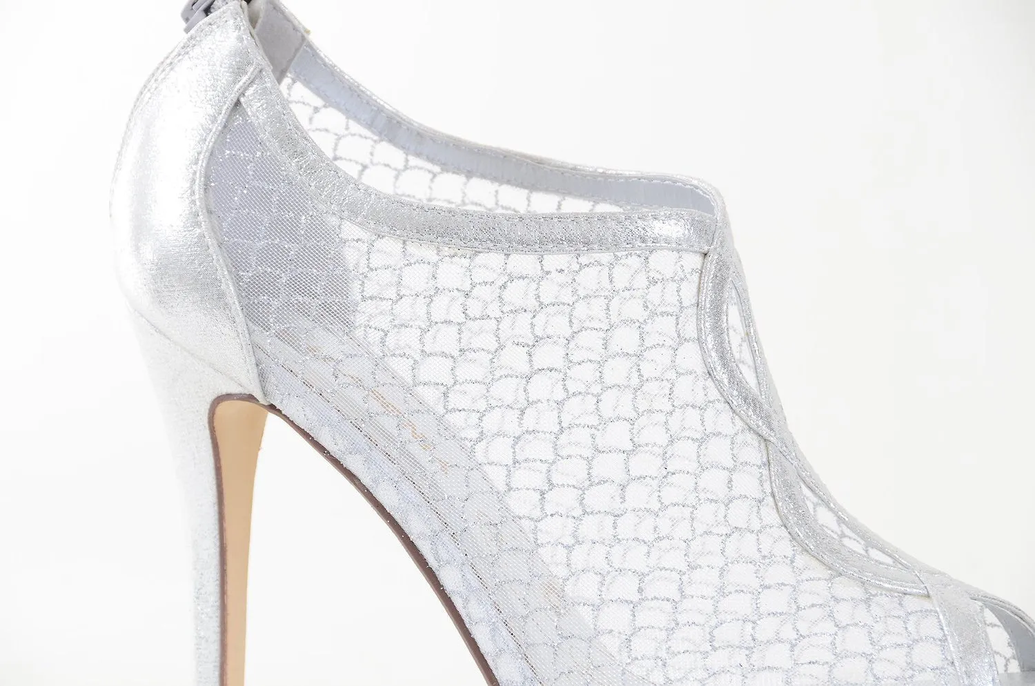 Silver Mesh Pattern See Through Peep Toe Heel Booties Women's