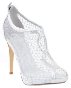 Silver Mesh Pattern See Through Peep Toe Heel Booties Women's