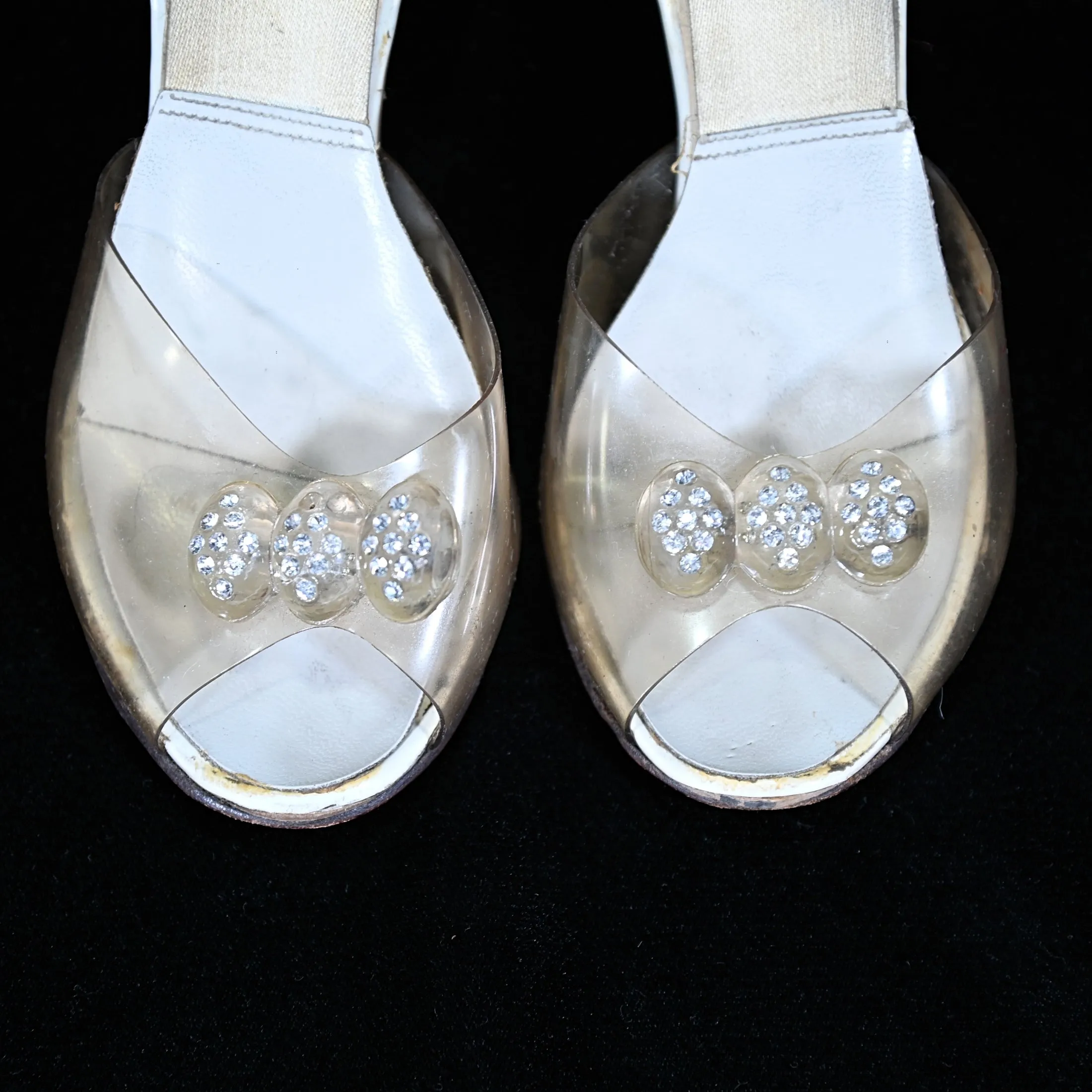 SOLD Vintage 50s Clear Vinyl & Rhinestone Carved Lucite Heels, Spring-o-lators Peep Toe Mules, Pin Up for Study