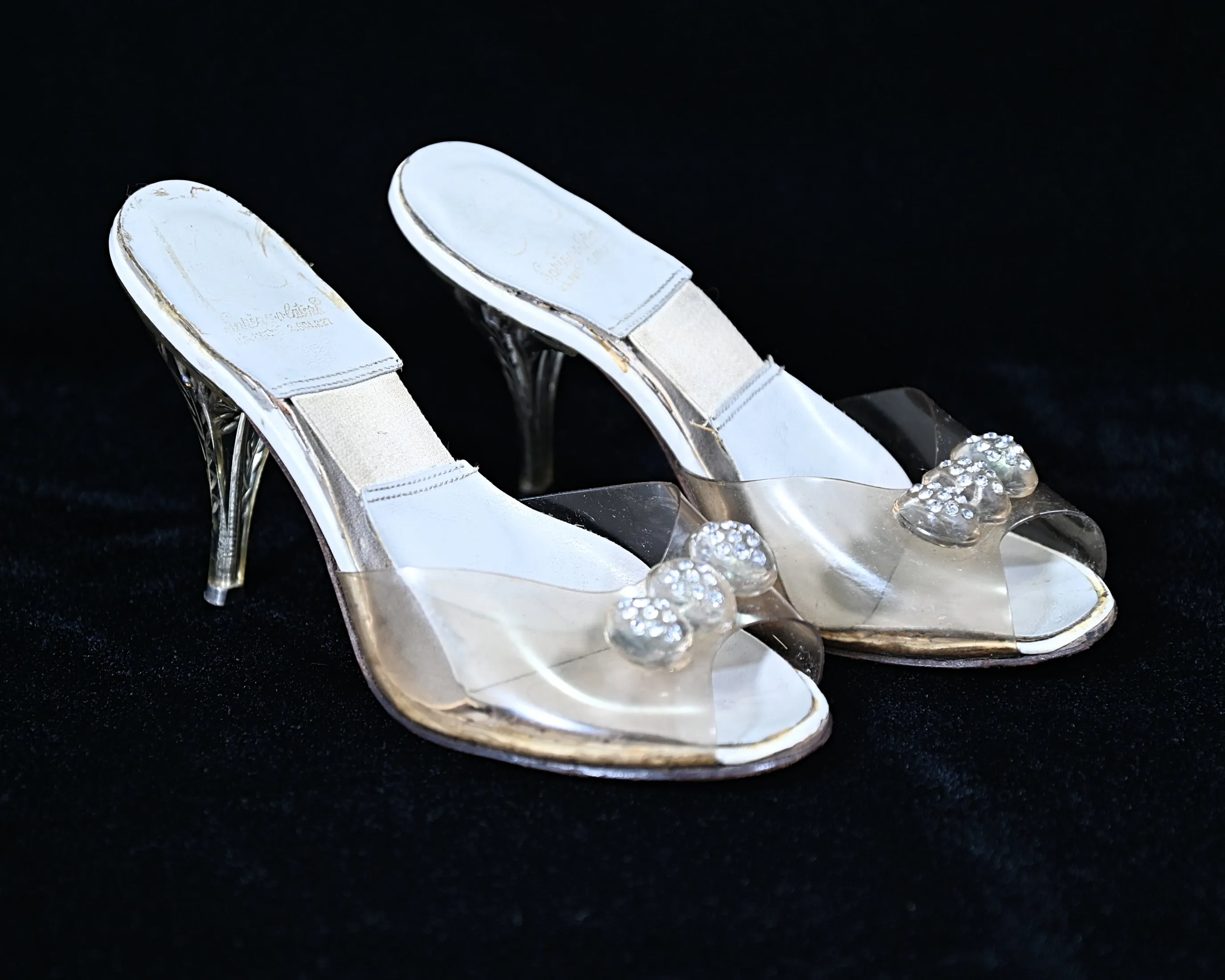 SOLD Vintage 50s Clear Vinyl & Rhinestone Carved Lucite Heels, Spring-o-lators Peep Toe Mules, Pin Up for Study