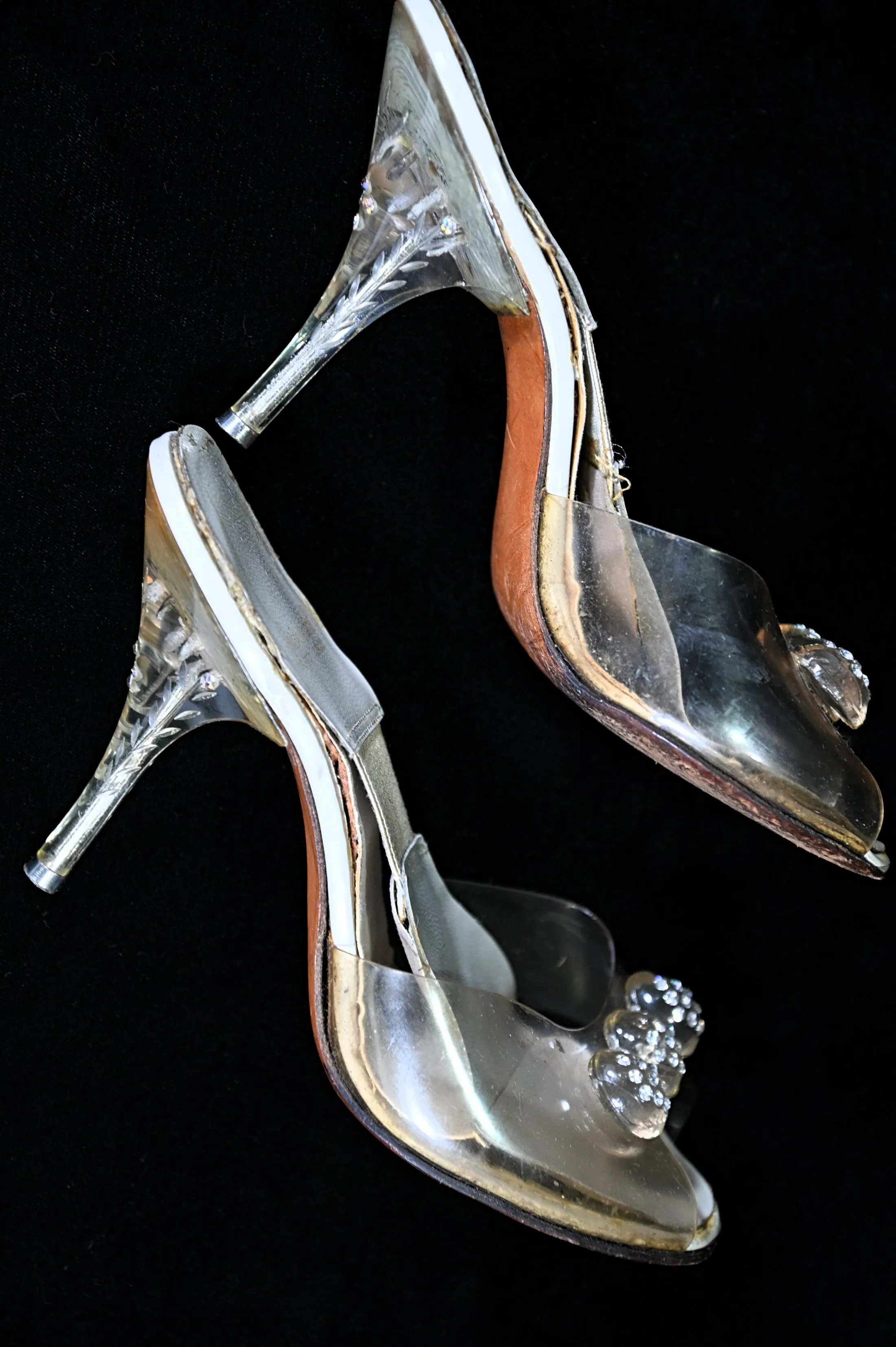 SOLD Vintage 50s Clear Vinyl & Rhinestone Carved Lucite Heels, Spring-o-lators Peep Toe Mules, Pin Up for Study