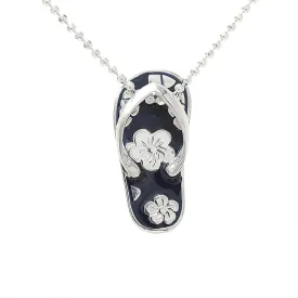 Sterling Silver Black Enamel Slipper with Hibiscus Pendant (Chain Sold Separately)