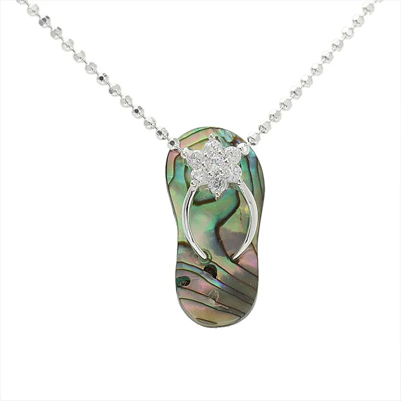 Sterling Silver CZ Plumeria Abalone Shell Slipper Pendant (Chain Sold Separately)