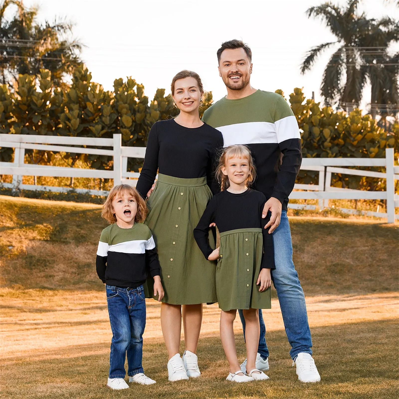 Winter Family Matching Green & Black Outfit - Dress, Romper & Shirt for Mom, Dad and Baby