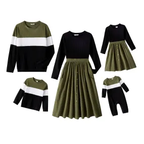 Winter Family Matching Green & Black Outfit - Dress, Romper & Shirt for Mom, Dad and Baby